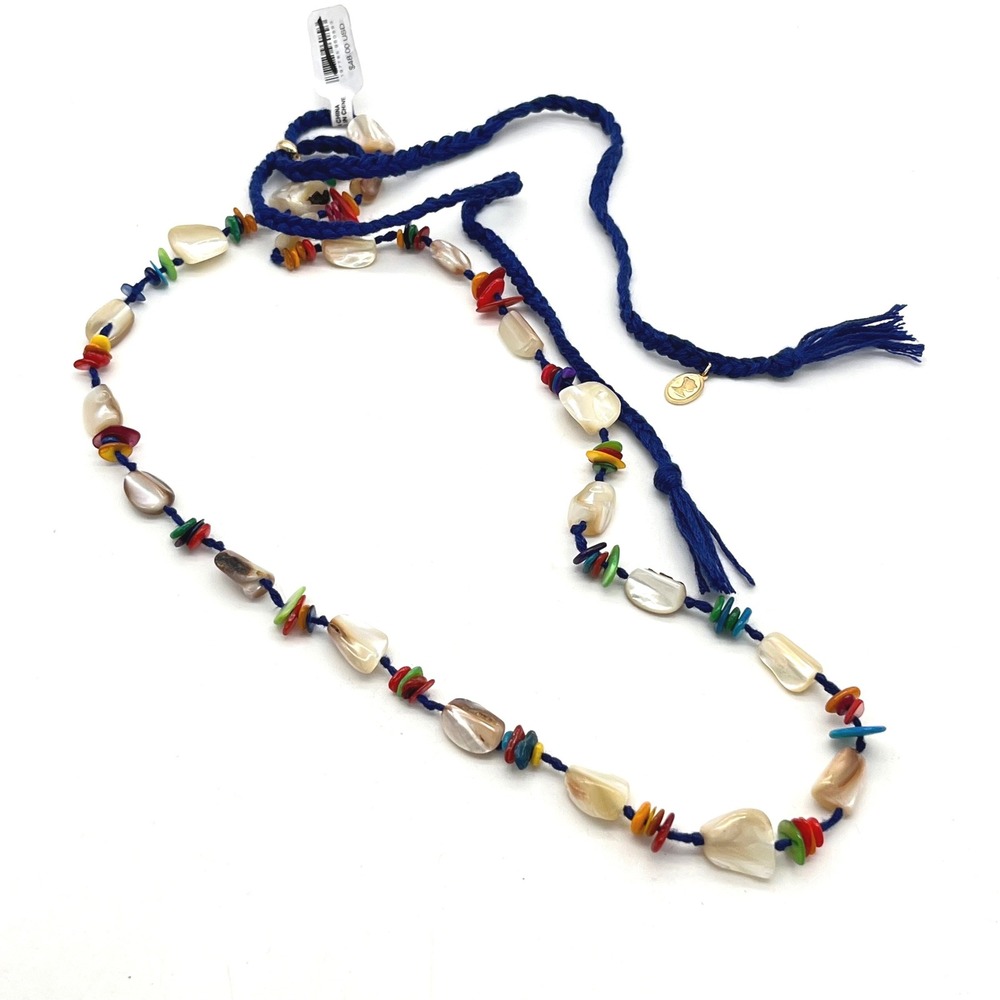 Free People Ariana Ost At The Market Multicolored Shell‎ Bead Necklace Blue Cord